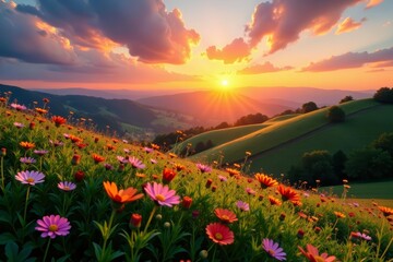 Fototapeta premium Vibrant sunset over rolling hills dotted with wildflowers, peaceful countryside scene, artificial intelligence, colorful, virtual