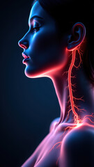 Obraz premium A digital illustration of a person's head with an emphasis on the illuminated vagus nerve, symbolizing VNS (Vagus Nerve Stimulation).