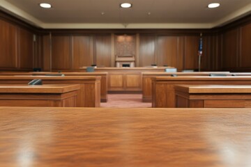 Empty courtroom with wooden tables and american flag: preparing for trial