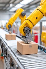 Robotic arms handling cardboard boxes on conveyor belt in warehouse
