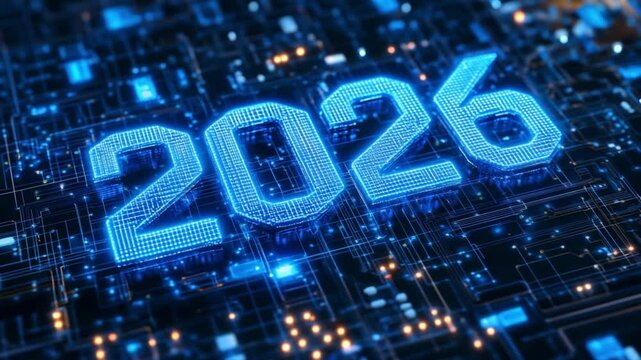 A bright 2026 display stands out over a vibrant circuit board design, emphasizing the intersection of technology and future innovations in a futuristic setting