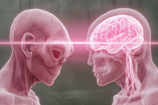 Dos figuras alien&iacute;genas se enfrentan, con un rayo de luz conectando sus cerebros.