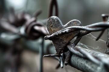 Alambre de p&uacute;as con una forma de coraz&oacute;n oxidado en el centro.