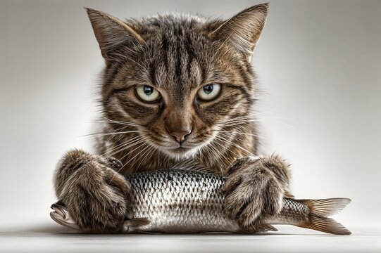 Un gato con aspecto amenazante sostiene un pez con sus garras delanteras. El fondo es gris claro.