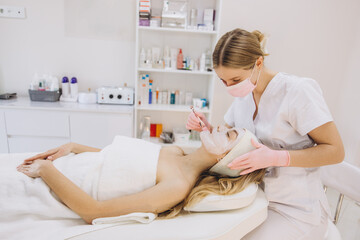 Fototapeta premium Beautician in a spa setting applying a facial mask to a client, focusing on skincare and relaxation. Shelves filled with beauty products in the background