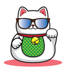 Cute funny Japanese lucky cat called Maneki Neko wear sunglasses drawing in colorful cartoon vector