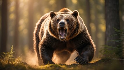 Fototapeta premium A fierce brown bear is captured mid-roar while charging forward in a forest setting