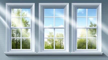 Fototapeta premium Three bright windows with sunlight streaming through, showcasing a verdant landscape outside.