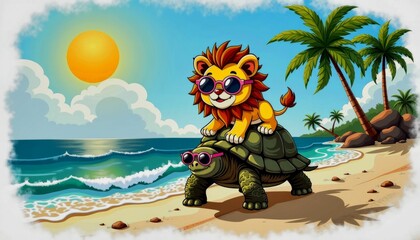Cartoon lion wearing sunglasses riding a turtle on a sunny beach with palm trees and ocean waves
