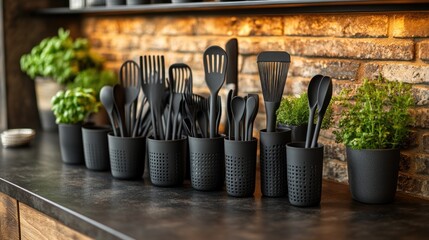 Black kitchen utensils in pots on counter