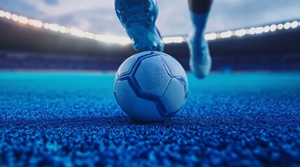 Close-up of a soccer player's foot controlling a ball on a blue field.