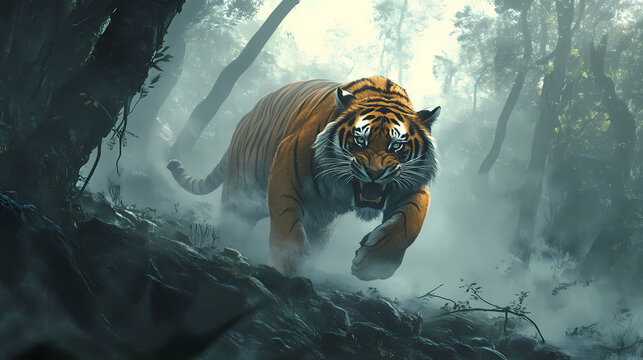 Tiger ambush in misty forest. Eldertide Mist. Illustration