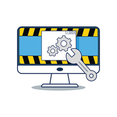 illustration of a computer with warning lines, gear icons, and wrenches showing system maintenance or a website under repair.