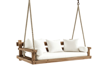 Hanging wooden swing bed with white cushions for comfort.