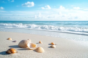 Obraz premium Seashells scattered on white sand beach with ocean waves and a clear blue sky in the background