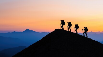 Fototapeta premium Silhouetted hikers on a breathtaking mountain peak at sunset