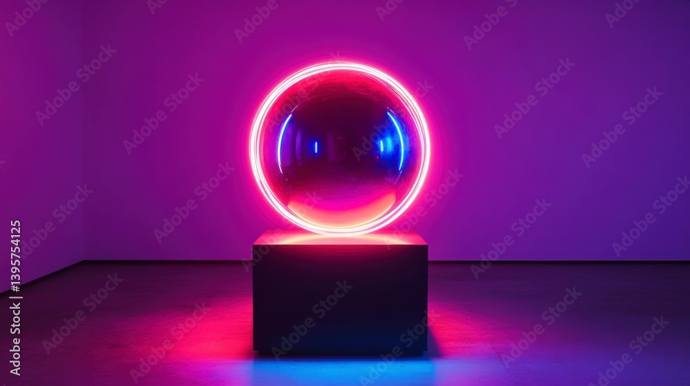 Canvas Prints glowing neon circle encircles reflective sphere on black cube.