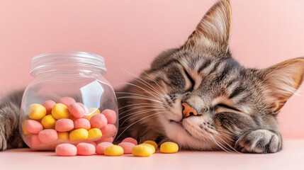 A cat relaxes peacefully beside a jar of pink and yellow candies on a soft pastel background, enjoying a tranquil moment in a cozy setting