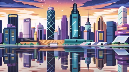 A city skyline with a reflection of the buildings in the water