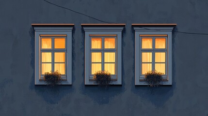 Obraz premium Three illuminated windows on a muted gray building at twilight.