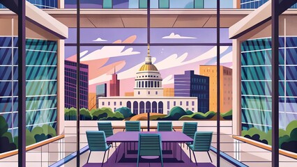A cityscape with a large dome building in the center
