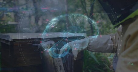 In forest, beekeeper working with hive, digital brain animation overlaying scene - Powered by Adobe