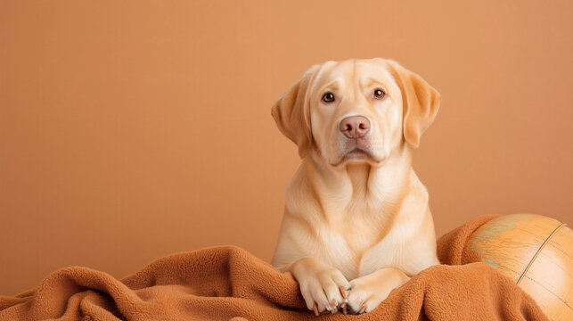 A yellow lab sits comfortably with its paws crossed on a soft blanket, gazing directly at the viewer in a serene, warm-colored environment
