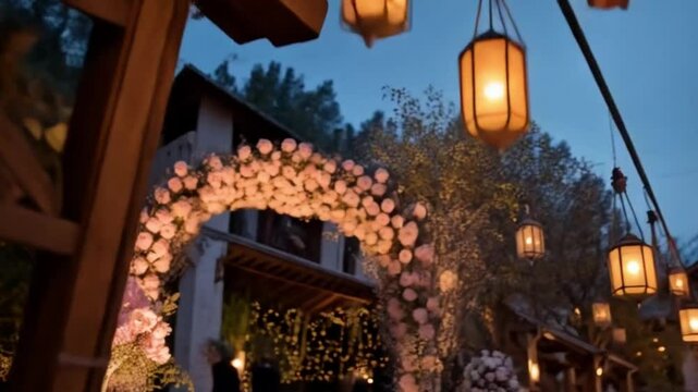 An ester flower garland draped over a wooden arch at an event entrance, the gentle glow of hanging lanterns creating a serene, cinematic atmosphere.
