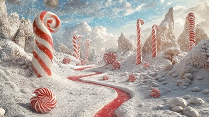 Whimsical candy cane landscape with a red path winding through snowy mountains and peppermint swirls under a winter sky.