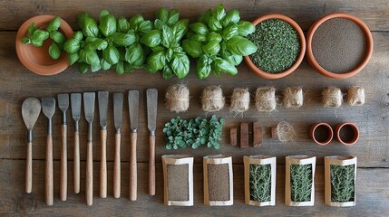 Naklejka premium spring gardening tools with fresh herbs, trowels, seed packets, and basil arranged on textured wood, earthy light creates cozy planting scene