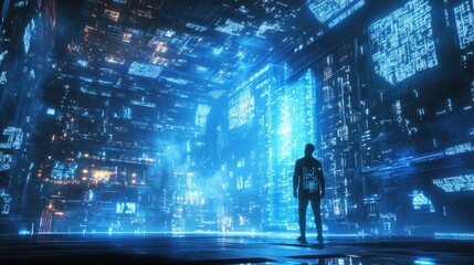 Fototapeta premium Quantum Processor Glowing Under Intricate Digital Display