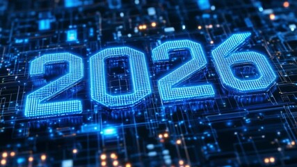 A striking visual showcases the year 2026 highlighted in glowing blue digits against dynamic electronic circuit designs, symbolizing technological advancement and innovation - Powered by Adobe