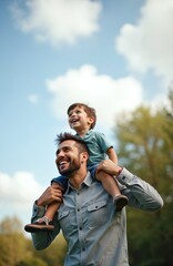 Happy father carries son on shoulders in park. Man and young boy laughing, enjoying fun time together outdoors. Cheerful kid and dad spend weekend, holiday. Family relationship concept.