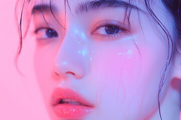 A young woman poses gracefully with glistening skin and captivating eyes, showcasing the latest beauty trends in an artistic photoshoot setting filled with colorful lighting