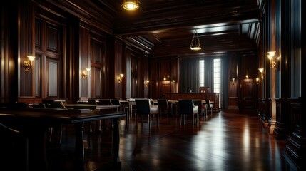 Dark wood courtroom, sunlight, empty chairs, justice