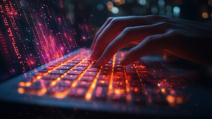 Hands Typing on Glowing Keyboard with Binary Code Overlay, Abstract Technology and Data Visualization.