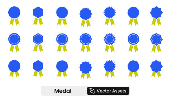 Medal Set with Ribbon Award icon set showcasing recognition, achievement, victory, and honor symbols. A solid vector illustration collection ideal for award ceremonies, competitions, and recognition