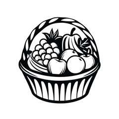 Fruit Basket Silhouette Apple, Banana, Grapes, Orange, Stylish Black and White Still Life