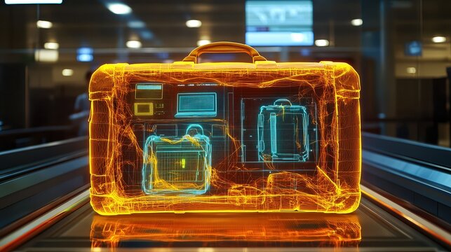  X-ray scan of suitcase at airport security, bright colored objects inside—wires, electronics, clothing—screen contrasts with dark background, travel scene active