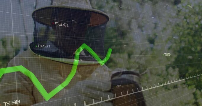 Green financial graph animation over beekeeper working in protective gear