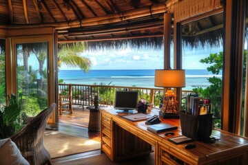 Fototapeta premium A bamboo desk faces the ocean in a tropical office with a thatched roof and open glass doors to deck