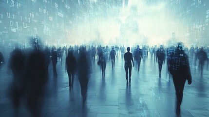 Crowd blending into binary code, people dissolving into digits, graphs and lines flow through, motion blur, cool tones illustrate human-data merge