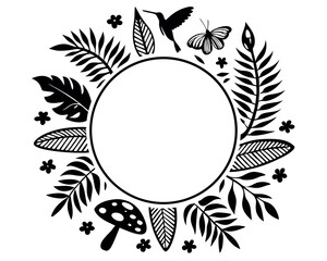 Round black floral frame with leaves, butterfly, hummingbird, and mushroom.