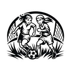 Monochrome Art Two Energetic Girls Playing Soccer, Ball Control Near Goal, Isolated