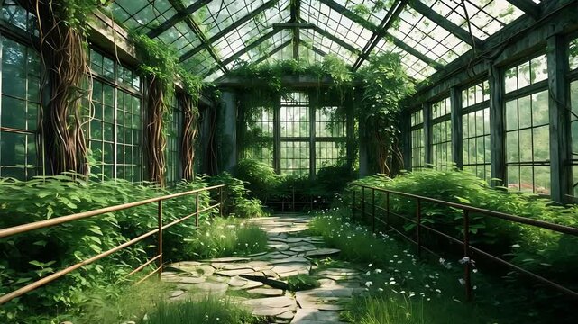 Overgrown abandoned greenhouse with broken stone path and lush vegetation covering walls, windows, and metal railings in soft natural daylight

