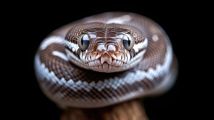 Close-up of a snake, focused on its head and upper body, against a black background.  Its scales exhibit intricate patterns of brown and white, creating a visually striking image
