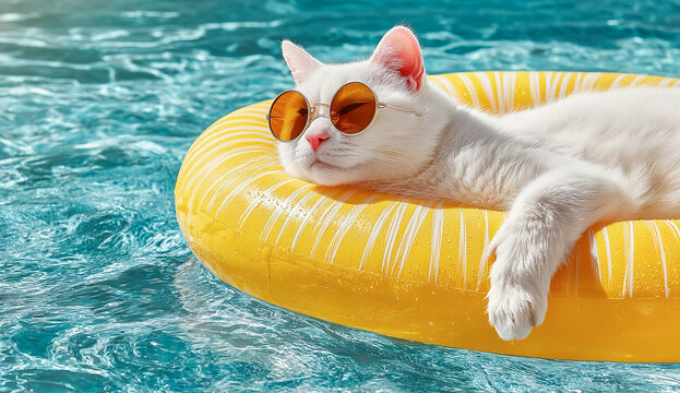Funny cat in sunglasses sunbathing on inflaitable in the swimming pool.