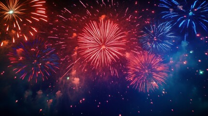 Vibrant fireworks display exploding in the night sky, showcasing red, blue, and white colors.