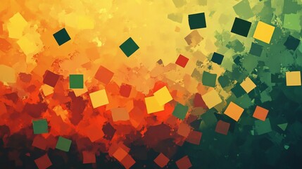 A vibrant abstract painting of scattered squares in warm and cool tones.
