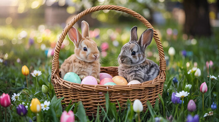 Cute Easter Bunnies in Basket with Colorful Eggs in Spring Garden

